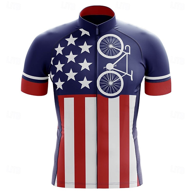 Men's Cycling Jersey Graphic Geometric Independence Day Short Sleeve Bike Tee Tshirt Jersey Top with 3 Rear Pockets UV Resistant Quick Dry Front Zipper Reflective Strips Sports Navy Blue Clothing3