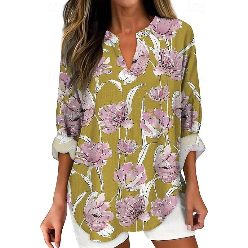 Women's Boho Shirt Floral Graphic Bohemia Daily Casual Long Sleeve V Neck Regular Tops Daily Holiday Going out Patchwork Print White Yellow Wine Navy Blue Dusty Blue Spring, Fall, Winter, Summer4