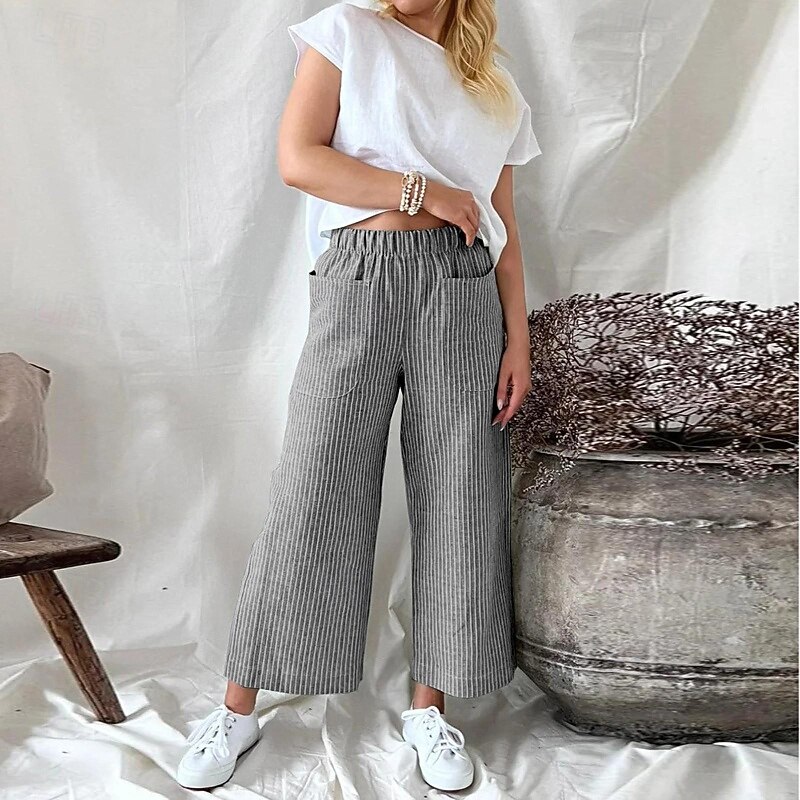 Women's Cotton Linen Pants Culottes Wide Leg Slacks Streetwear Casual Full Length Natural Striped Pocket Elastic Waist Comfy Comfortable Street Going out Apricot Black Pink Blue Summer Regular Fit2