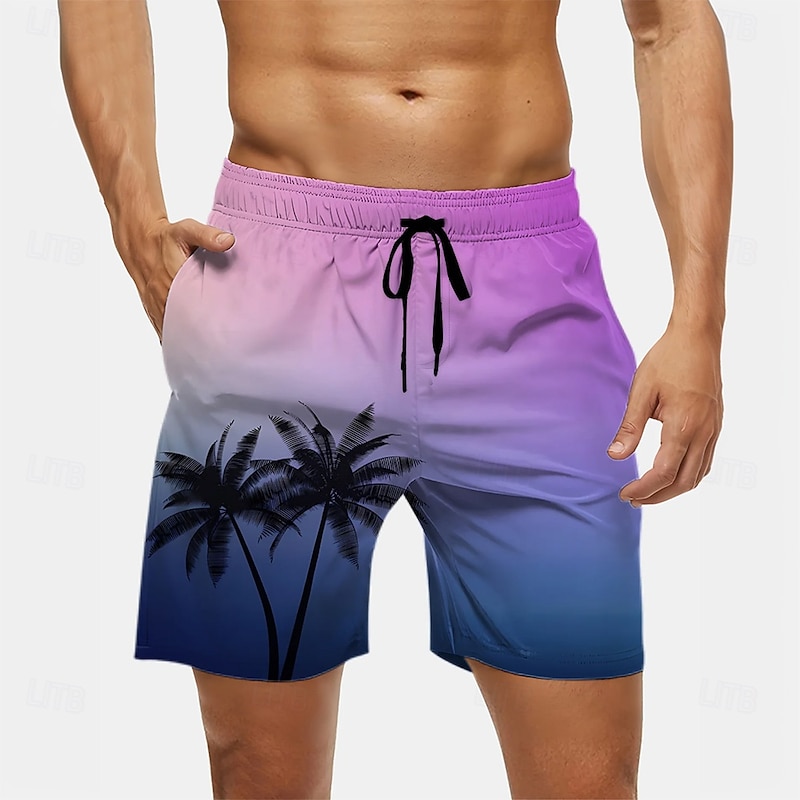 Men's Coconut Tree Gradient Color Tropical Plants Swim Trunks Swim Shorts Board Shorts Mid Waist Streetwear Hawaiian Vacation Side Pockets Mesh Lining Elastic Drawstring Waist Designer Clothing