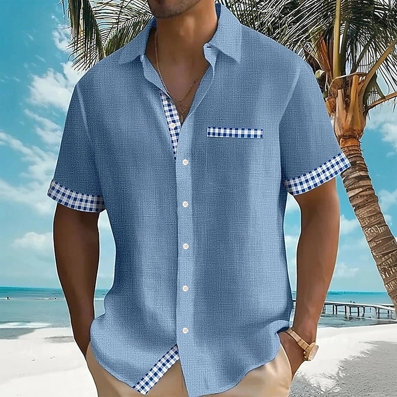 Men's Geometric Grid / Plaid Shirt Summer Shirt Button Up Shirt Short Sleeve Fashion Casual Vacation Holiday Streetwear Summer Turndown 3D Print Front One Pocket Linen Like Shirt Yellow Blue Green