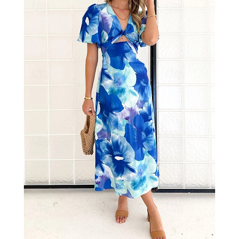 Women's Midi Dress Floral Dress Boho Dress Print Dress Fashion Modern Vacation Holiday Going out Regular Fit Flower Short Sleeve V Neck Blue Green Summer3