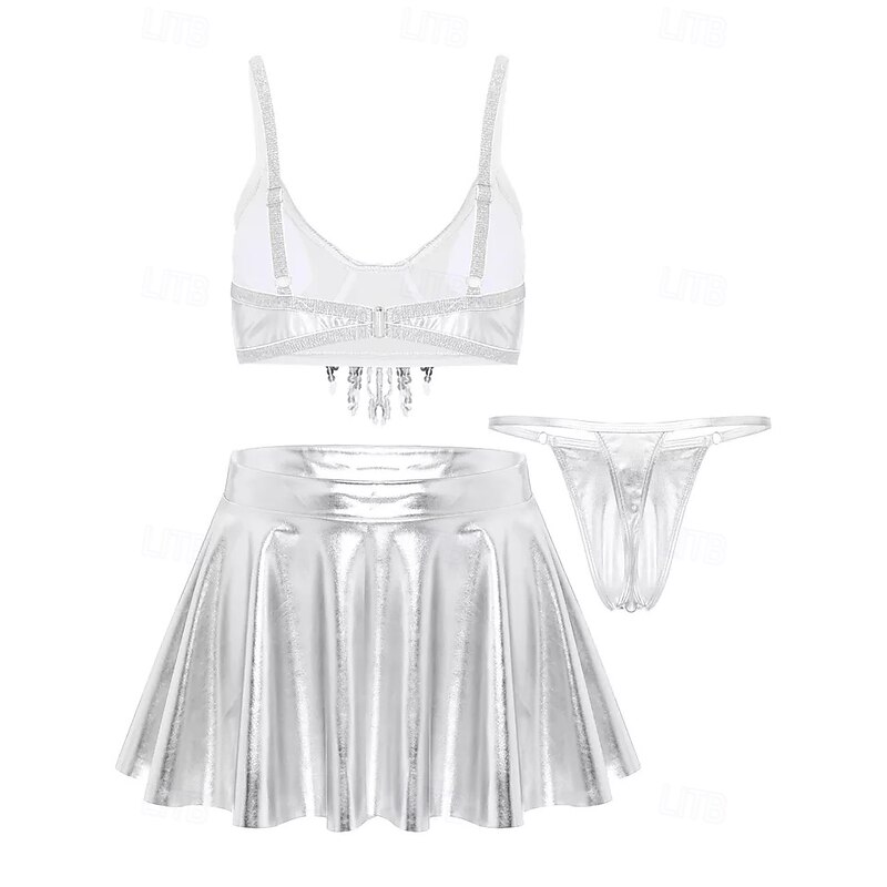Retro Vintage 1980s Rave Skirt Outfits Crop Top Disco Shiny Latex Patent Metallic Fancy Dress Women's Pride Halloween Carnival Music Festival Pride Parade Pride Month Adults' Skirt Pants Bra Summer3