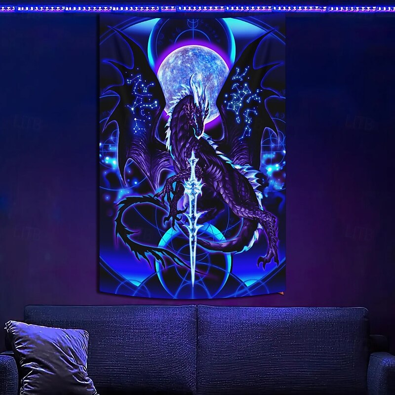 Ruth Thompson Blacklight Tapestry Glow in the Dark Glow Party UV Reactive Trippy Misty Hanging Tapestry Wall Art Mural for Living Room Bedroom Dragonblade NIGHTBLADE HI REZ2