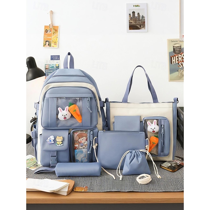 Women's 6-Piece Cute Kawaii Backpack Set with Clear Front Pockets, Cartoon Pins and Plush Charms, Lightweight Nylon School Bag for Teen Girls Campus Travel Daily Use