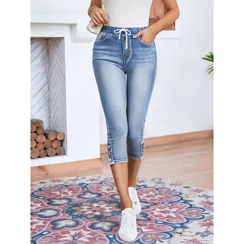 Women's Jeans Chinos Vacation Vintage Fashion Calf-Length High Waist Plain Pocket Comfy Soft Comfortable Stretchy Outdoor Street Light Blue Summer Regular Fit