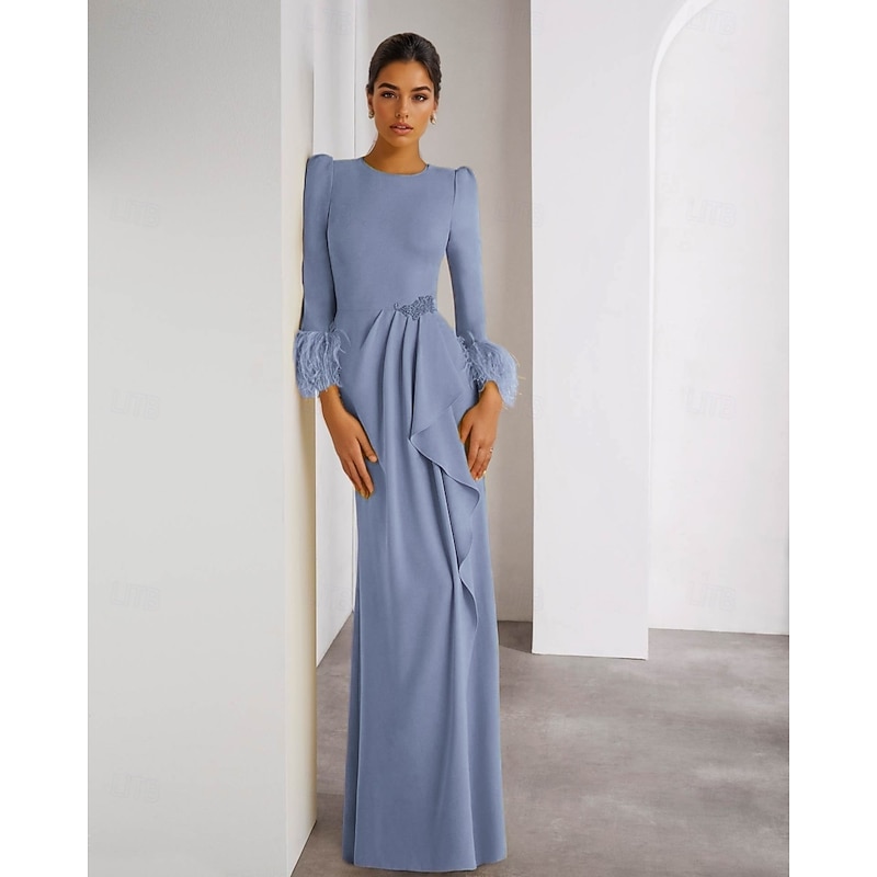 Feather Column Evening Gown Stretch Crepe Elegant Dress Formal Wedding Floor Length Long Sleeve Crew Neck Detachable4