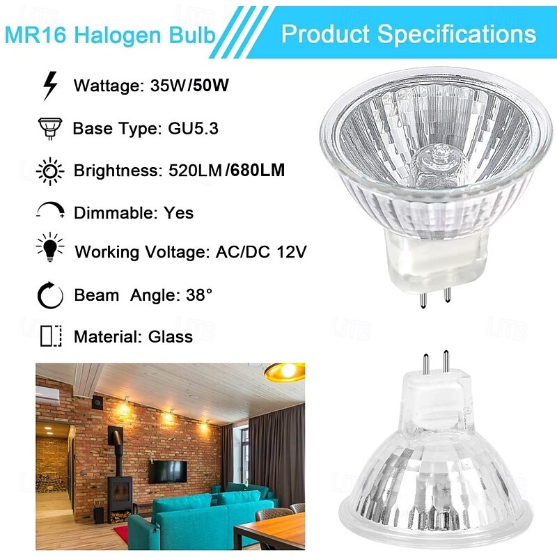 MR16 Halogen Bulb 12V 35W 50W Dimmable GU5.3 Bi-pin Base Spotlight MR16 Bulbs with Clear Glass Cover for Landscape Lights Track Lights Fiber Optics 2700K Warm White 6pcs3