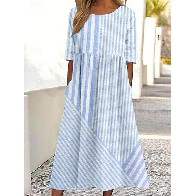 Women's Midi Dress Casual Dress T Shirt Dress Tee Dress Sundress A Line Dress Bohemia Vacation Vintage Regular Fit Graphic Stripe Short Sleeve Crew Neck Light Yellow Light Pink Light Green Light2