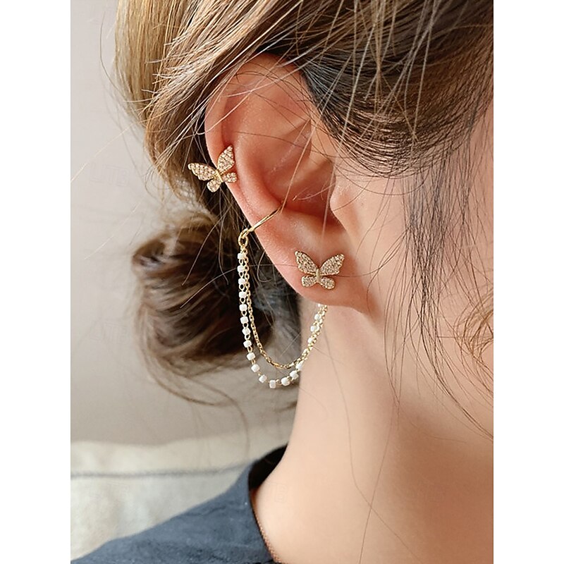 Women's gold butterfly pearl drop earrings with chain, asymmetric design, elegant crystal butterfly design, suitable for party and casual holiday wear3