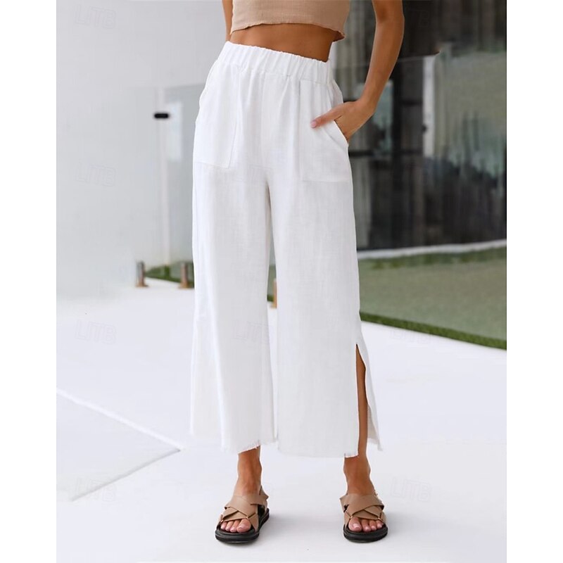 Women's Cotton Linen Pants Slacks Streetwear Casual Full Length Natural Plain Pocket Elastic Waist Split Comfy Outdoor Comfortable Holiday Weekend Earth Yellow Light Sky Blue White Pink Summer2