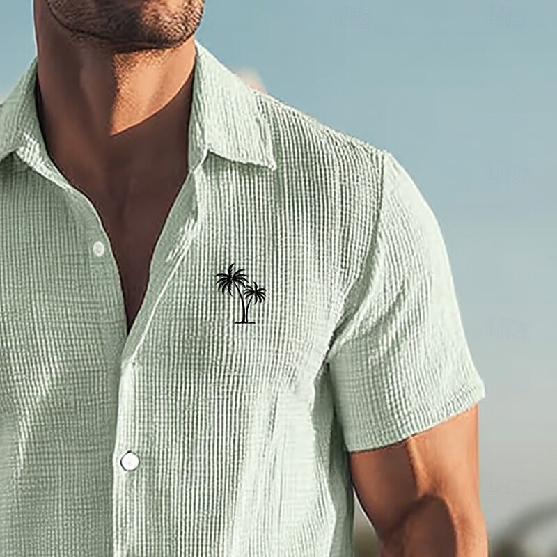Men's Coconut Tree Tropical Plants Waffle Shirt Button Down Shirt Short Sleeves Hawaiian Daily Holiday Beach Wear Summer Turndown 3D Print Knit Shirt Untucked Shirt Light Green Blue Green3