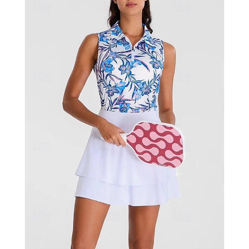 Women's Floral Tennis Shirt Sleeveless Print UPF50+ Quick Dry Tennis Golf Badminton Zip Collar Tee Tshirt Top Blue Tennis Clothing