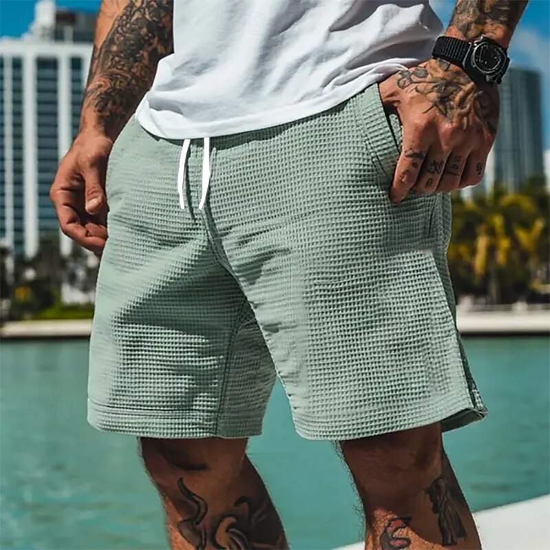Men's Waffle Shorts Summer Shorts Casual Shorts Pocket Elastic Waist Drawstring Plain Comfort Breathable Short Vacation Holiday Casual Army Green Apricot