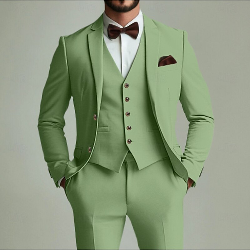 Men's Wedding Party Suits Notch Lapel Sage Formal Solid Colored Standard Fit 3 Piece Single Breasted Two-buttons3