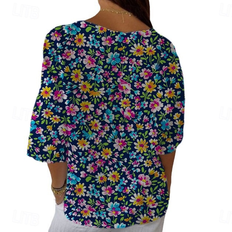 Women's Shirt Summer Tops Floral Graphic Classic Casual 3/4 Length Sleeve V Neck Regular Tops Daily Weekend Print Rainbow Summer Spring Fall2