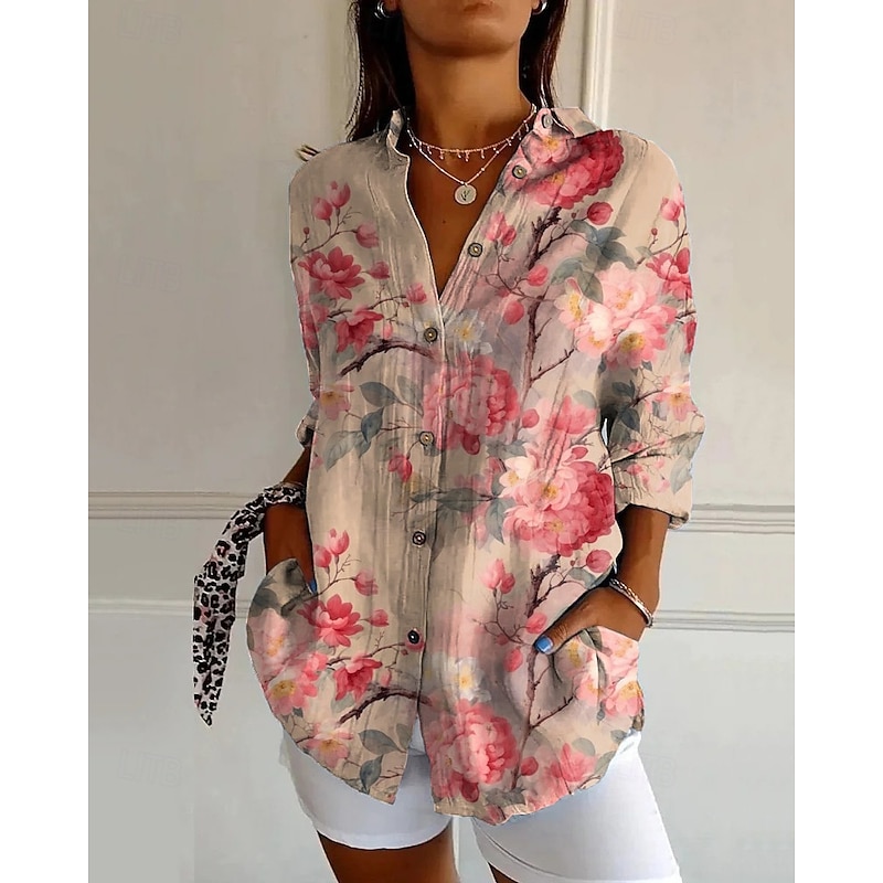 Women's Shirt Flower Daily Stylish Basic Half Sleeve V Neck Regular Tops Daily Holiday Print Yellow Pink Beige Spring Fall