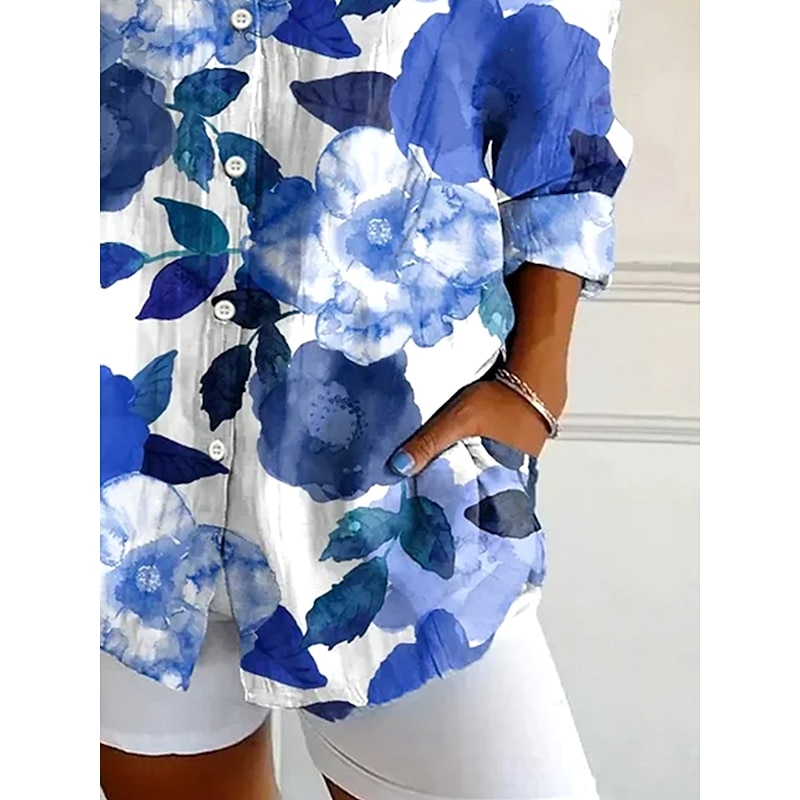 Women's Shirt Button Down Tunic Shirt Collar Long Sleeve Floral Graphic Leaf Vintage Tropical Daily Regular Tops Work Daily Holiday s Print Blue Spring3