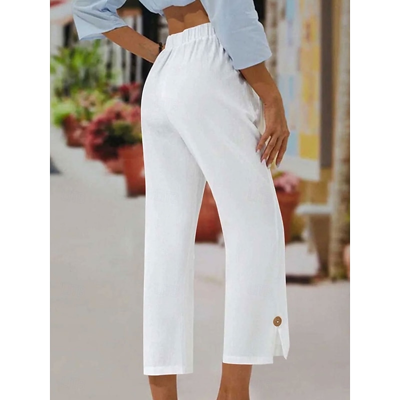 Women's Chinos Vacation Vintage Basic Calf-Length High Waist Plain Elastic Waistband Comfy Soft Comfortable Micro-elastic Formal Vacation Street White Summer Spring Loose Fit2