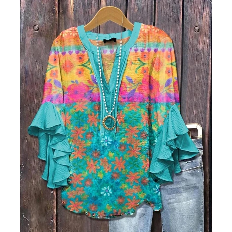 Women's Blouse V Neck Layered Ruffle Sleeve Tops Floral Graphic Bohemia Vintage Daily 3/4 Length Sleeve Regular Tops Daily Holiday Vacation Wear Print Yellow Green Light Blue Summer Spring Fall2