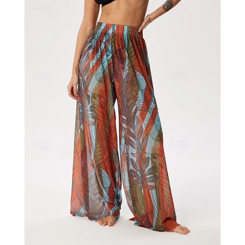 Women's Slacks Palazzo Pants Fashion Streetwear Full Length Natural Flower Pocket Elastic Waist Comfy Comfortable Micro-elastic Vacation Street Pink Orange Brown Summer Regular Fit