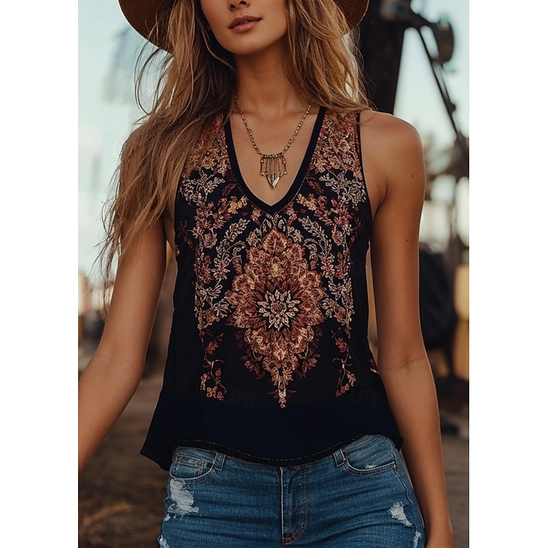 Women's Camisole Tank Top Floral Graphic Bohemia Daily Ethnic Sleeveless V Neck Regular Tops Daily Holiday Going out Black Summer Spring