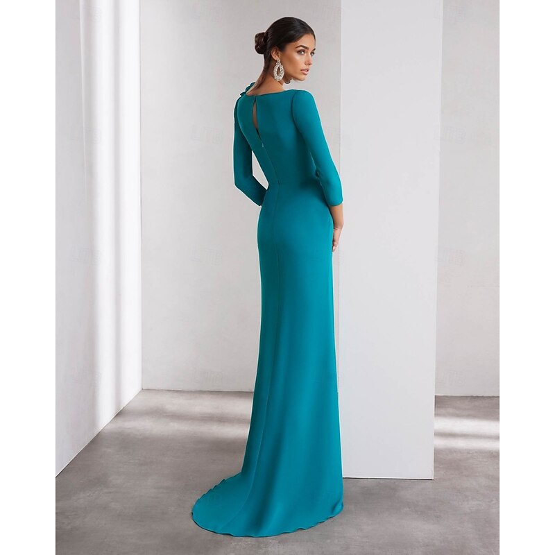 A-Line Evening Gown Elegant Dress Formal Wedding Floor Length Long Sleeve Crew Neck Detachable Stretch Crepe with Shouder Flower2