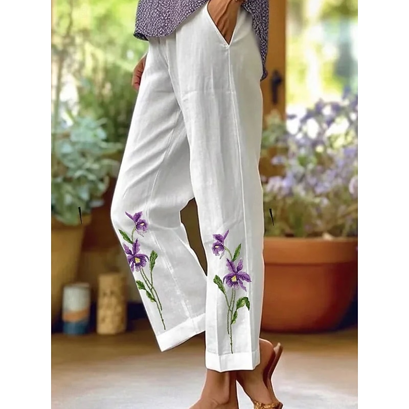 Women's Skinny Elegant Vacation Vintage Full Length High Waist Floral Graphic Printing Soft Breathable Micro-elastic Formal Outdoor Vacation White Blue Purple Green Summer Spring Regular Fit3