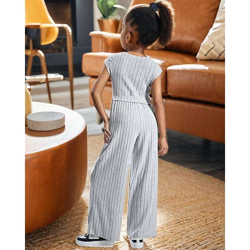 2 Pieces Kids Girls' Solid Color Crewneck T-shirt & Pants Set Short Sleeve Fashion Outdoor 4 years+ Summer Light Grey2