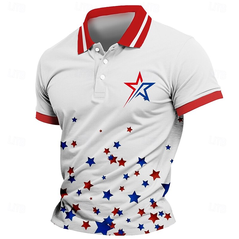 Independence Day Men's Star Polo Short Sleeves Lapel Casual Daily Sports & Outdoor Athleisure Festival Buttons Summer Robin's Egg Blue Red
