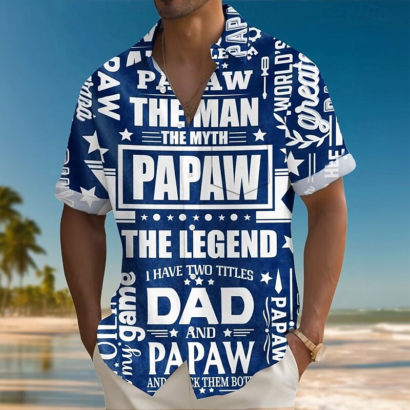 Men's Papa Dad Shirt Summer Shirt Button Up Shirt Short Sleeve Fashion Casual Holiday Dads Day Gifts Summer Spring Turndown 3D Print Collared Shirts Front One Pocket Blue
