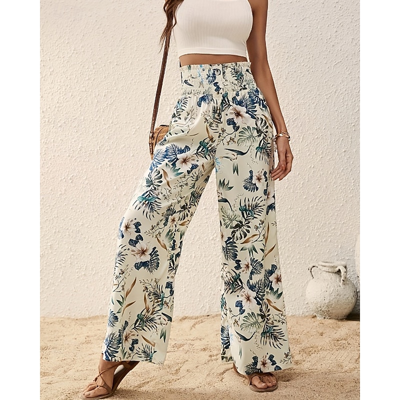 Women's Slacks Pants Trousers Fashion Boho Full Length Natural Floral Print Comfy Outdoor Comfortable Outdoor Vacation Casual Daily Apricot Light Sky Blue Pink Dark Navy Summer Regular Fit