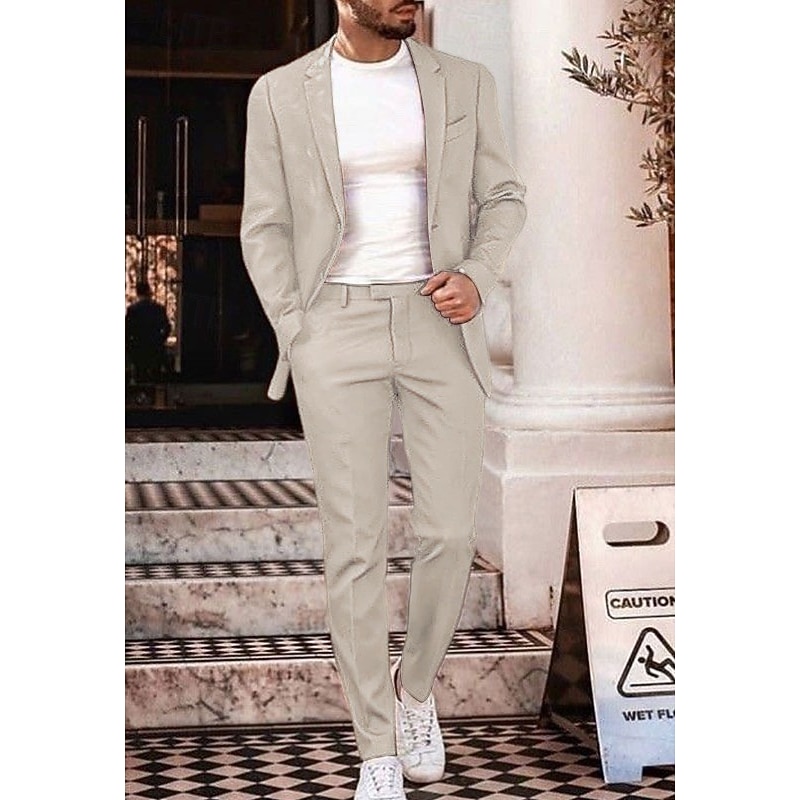 Men's Wedding Beach Linen Suits Notch Brown Beige Solid Colored Tailored Fit 2 Piece Single Breasted Two-buttons4