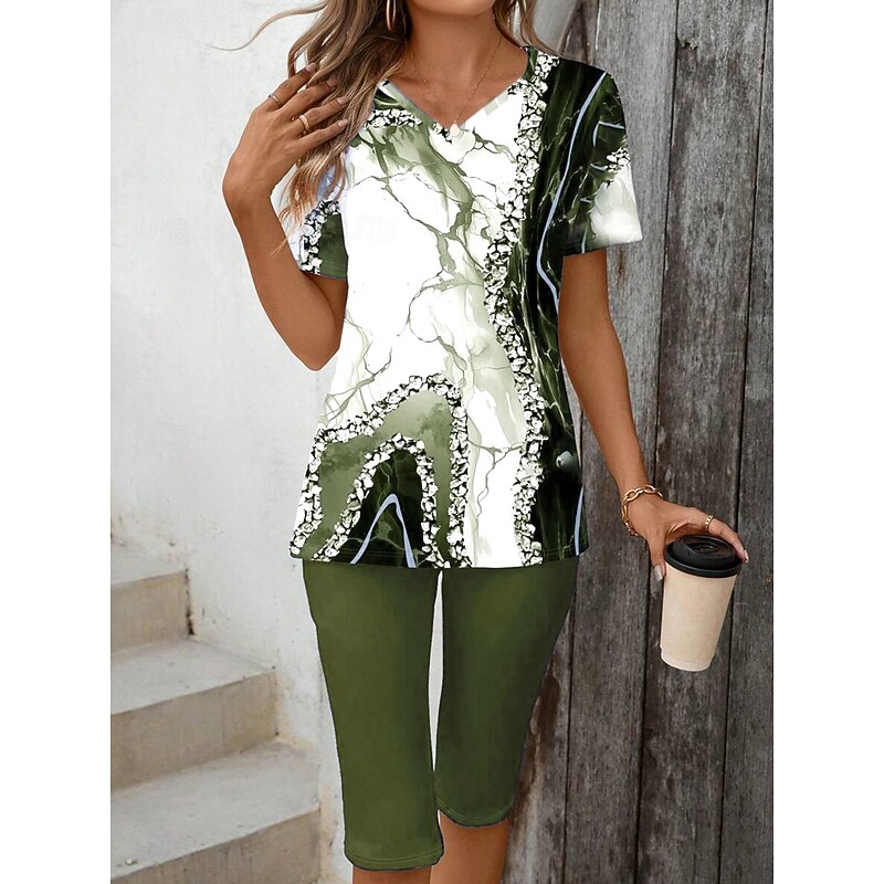 Women's Fashion T Shirt Shorts Sets Short Sleeve V Neck Floral Graphic 3D Print Print Casual Daily Wine Army Green Dark Navy Summer Regular Fit4