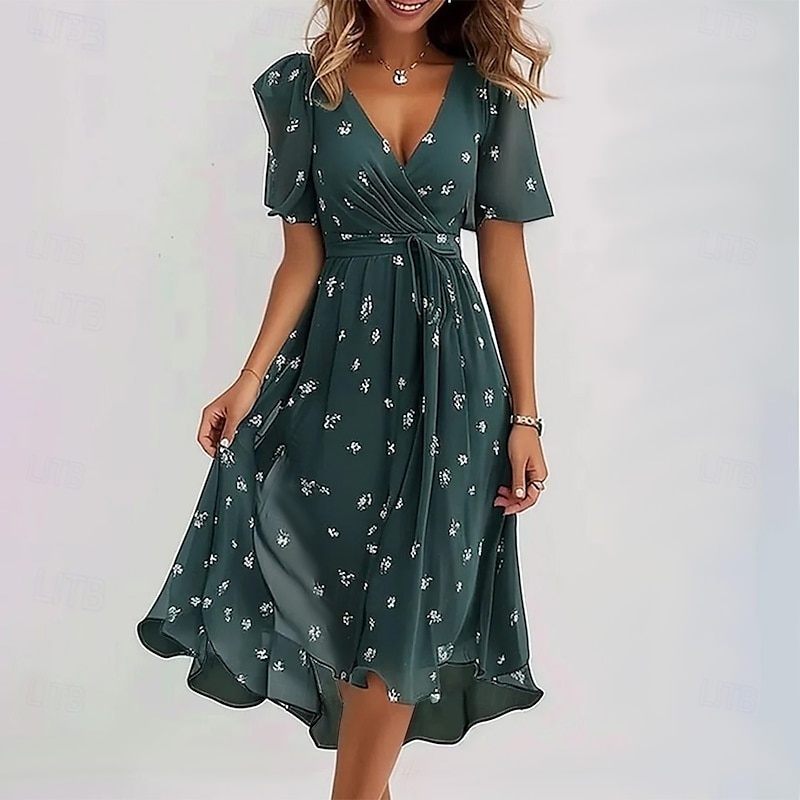Women's Midi Dress Floral Dress Print Dress Classic Modern Outdoor Daily Holiday Regular Fit Flower Short Sleeve V Neck Red Blue Green Apricot Summer3