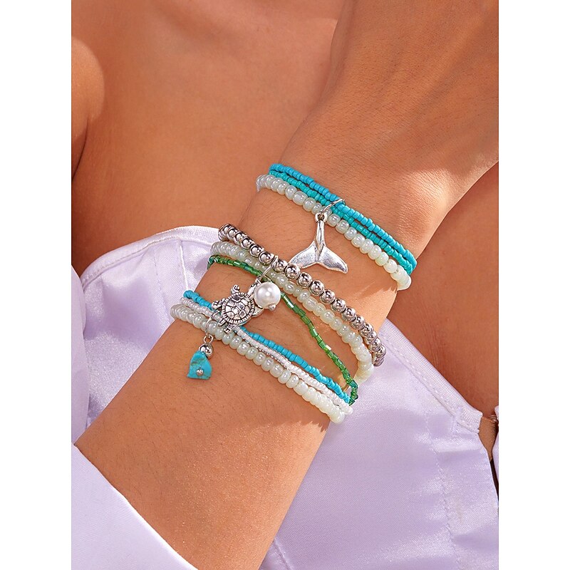 Turtle and Whale Tail Beaded Bracelet Set for Women  Ocean-Inspired Jewelry with Pearl, Turquoise, and Silver Accents  Perfect for Beach, Summer and Bohemian Style3