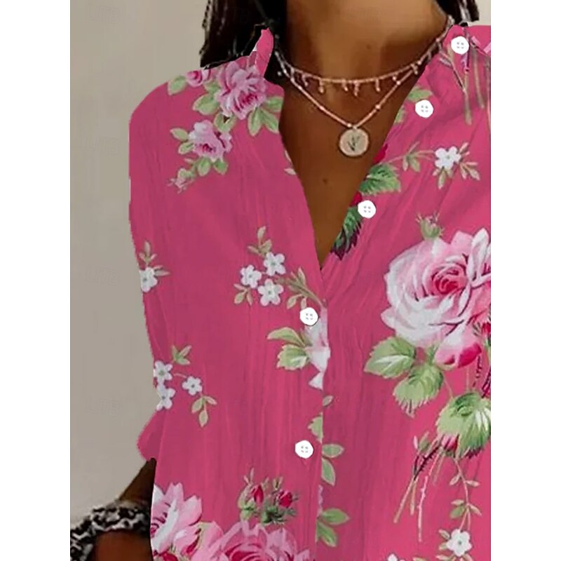 Women's Shirt Button Down Tunic Shirt Collar Long Sleeve Floral Graphic Vintage Tropical Daily Regular Tops Work Daily Holiday s Print Rose Pink Spring2