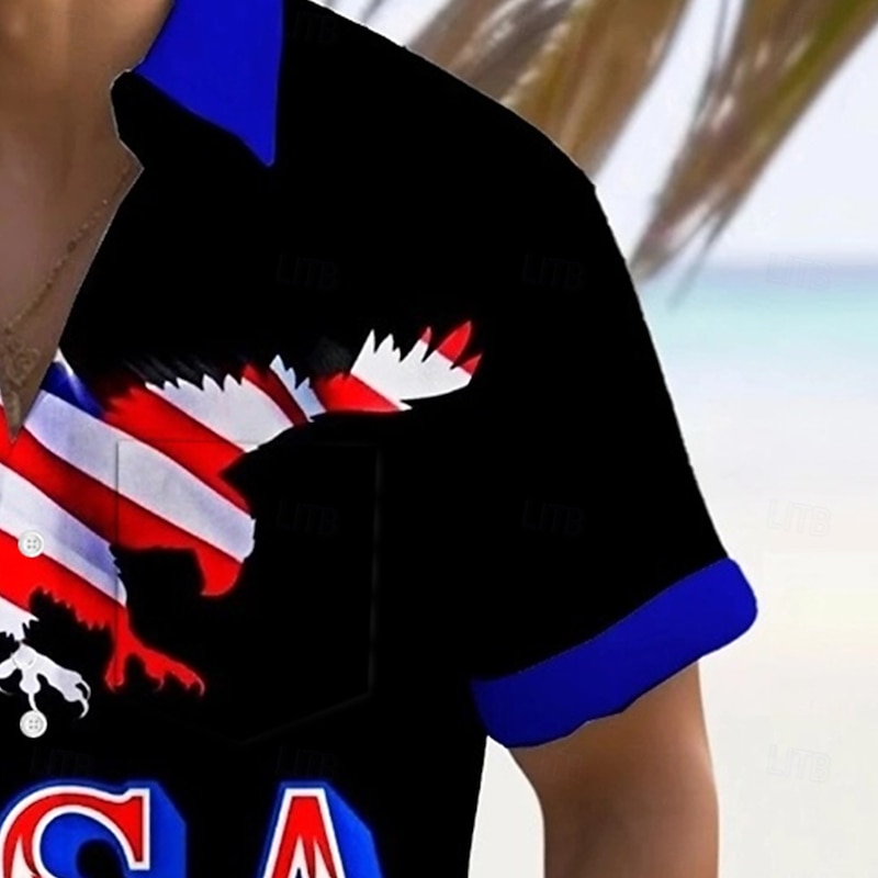 Independence Day Men's American US Flag Eagle Patriotic Shirt Summer Shirt Button Up Shirt Short Sleeve Fashion Casual Holiday Summer Spring Turndown 3D Print Collared Shirts Front One Pocket Black4