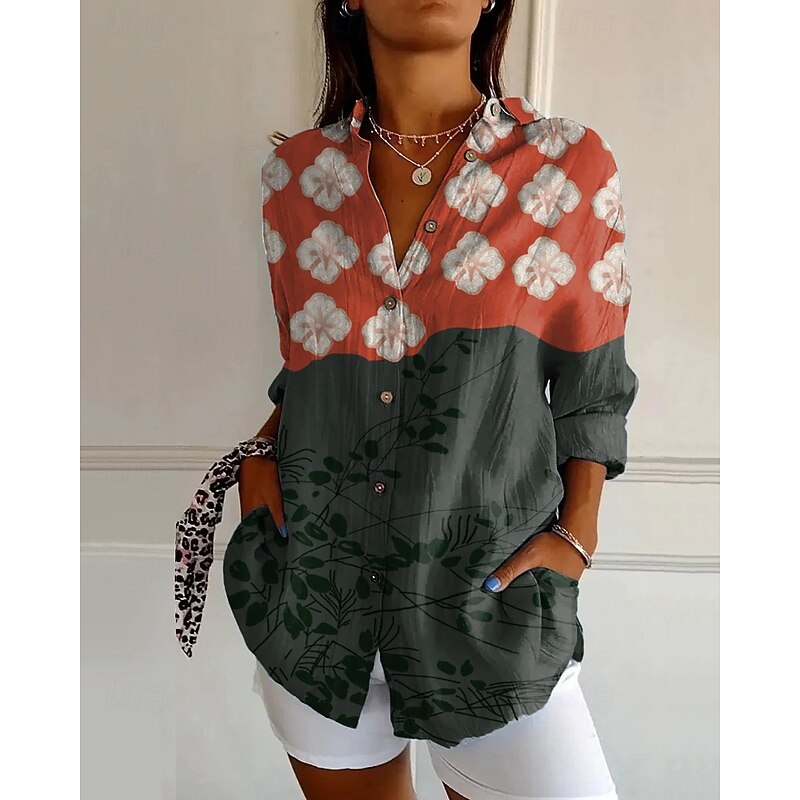 Women's Shirt Flower Daily Stylish Basic Half Sleeve V Neck Regular Tops Daily Holiday Print Pink Orange Dark Gray Spring Fall3