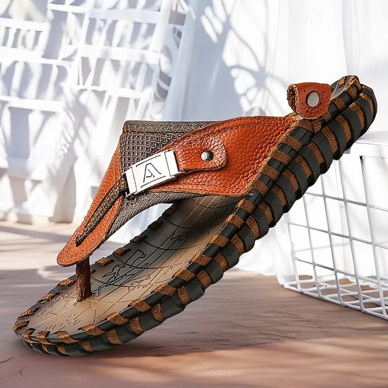 Men's Vintage Brown Faux Leather Flip Flops with Rugged Anti-Slip Sole – Outdoor Thong Sandals for Summer Hiking, Beach Adventures and Daily Casual Use