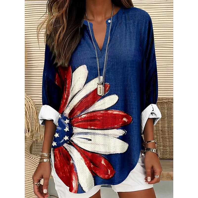 Women's Blouse Tunic V Neck Long Sleeve Boho Casual Patriotic Graphic Flag Vintage Tropical Regular Tops Daily Wear Print2