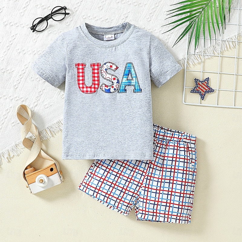 Back to School Carnival Boys 3D Letter T-shirt & Shorts Short Sleeve Summer Fashion Casual Toddler 1-5 Years Crew Neck Anniversary Outdoor Loose Fit 2