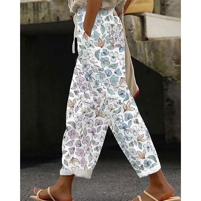 Women's Cotton Linen Pants Cropped Pants Streetwear Boho Ankle-Length Mid Waist Floral Elastic Waist Comfortable Daily Wear Going out Pink Blue Purple Green Summer Spring Regular Fit4