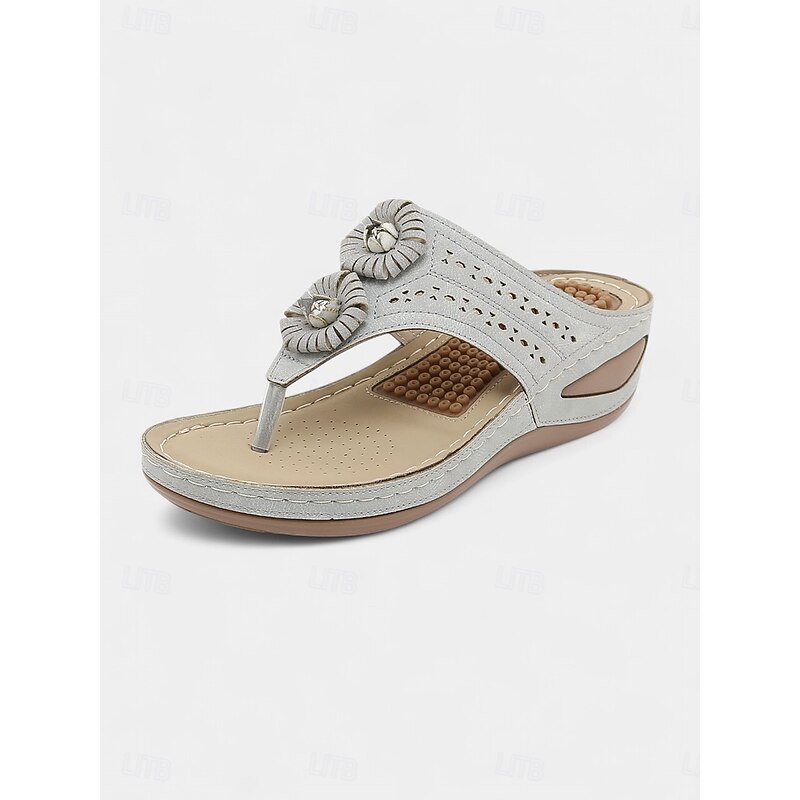 Women's Flower Embellished Flip Flop Sandals – Grey Wedge Design with Massage Insole, Breathable and Stylish for Courtyard Relaxation3