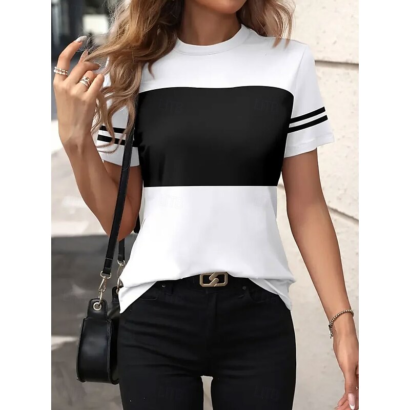 Women's T Shirt Graphic Striped Vintage Stylish Classic Short Sleeve Crew Neck Regular Tops Daily Weekend Print Black White Summer3