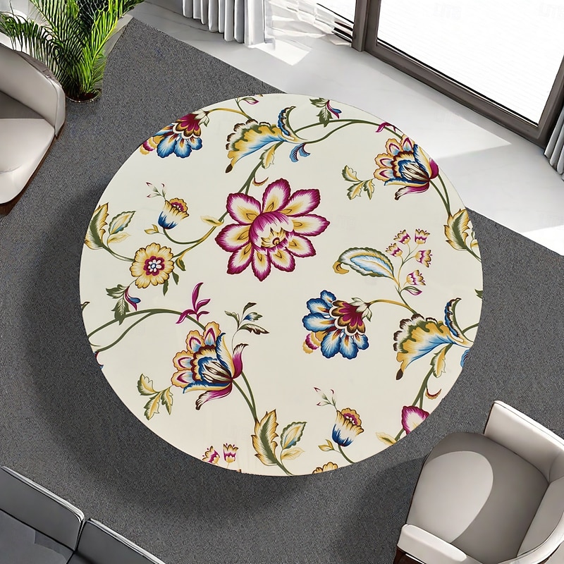 Round Vinyl Fitted Tablecloth with Flannel Backing Elastic Edge Design Table Cover Waterproof Oil-Proof PVC Table Cloth Stain-Resistant Wipeable for Round Table