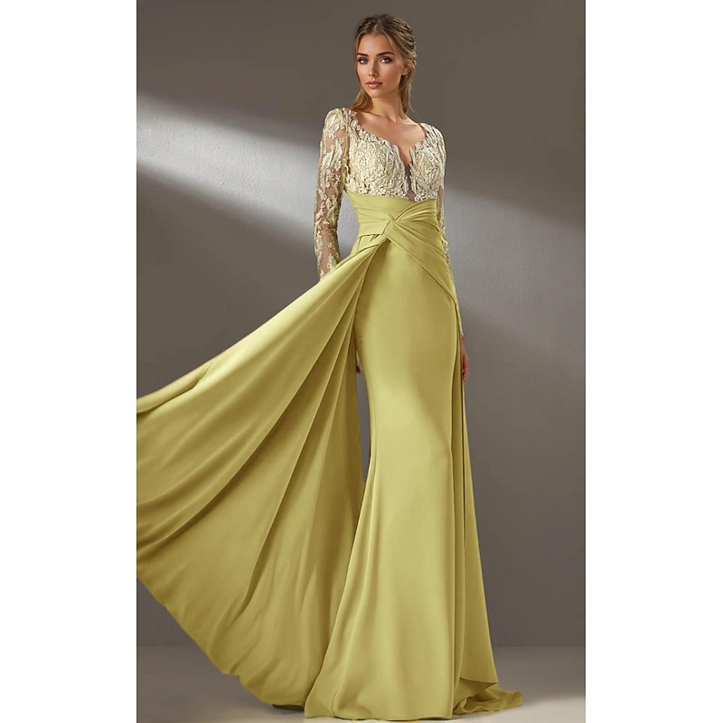 Dress Detachable Sleeve Mermaid / Trumpet Evening Gown Elegant Dress Formal Wedding Sweep / Brush Train Long Sleeve V Neck Chiffon Ruched Detail with Beaded Embroidery Applique