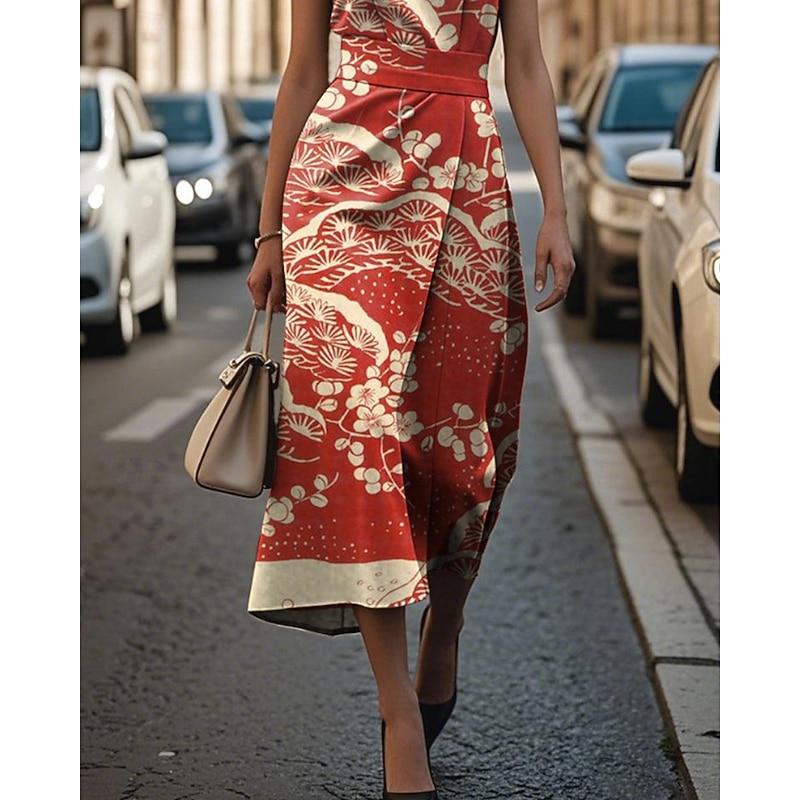 Women's Midi Dress Floral Dress Print Dress Elegant Fashion Vacation Holiday Going out Regular Fit Flower Sleeveless Crew Neck Wine Red Summer4