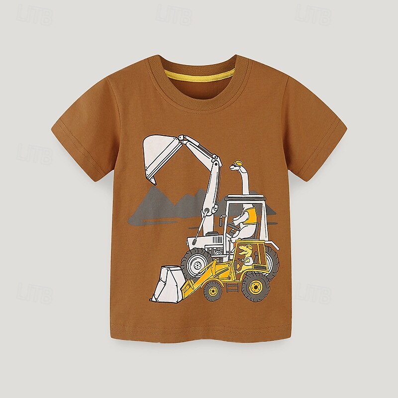 Kids Boys T shirt Tee Cartoon Short Sleeve Crewneck Children Top Outdoor Basic Summer Brown 4 years+