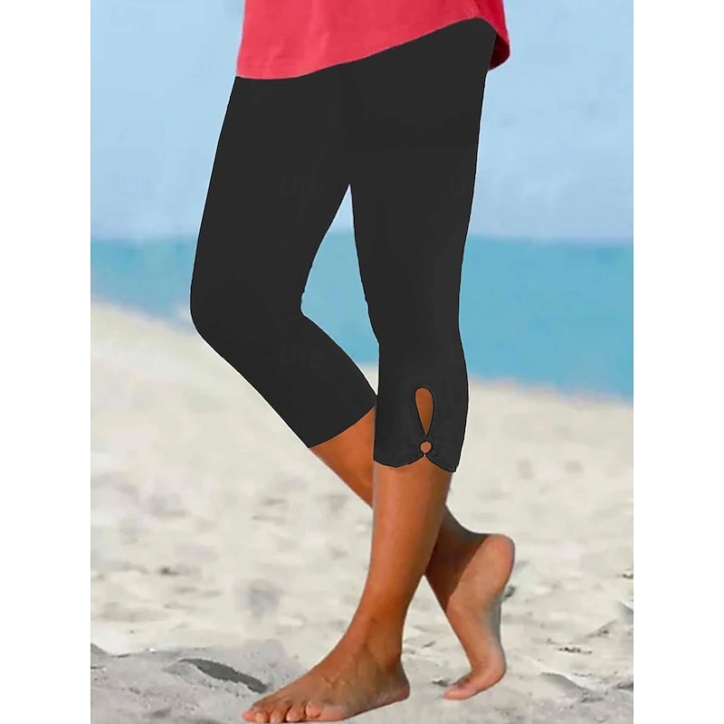 Women's Leggings Slim Tapered pants Solid Color Vacation Vintage Ethnic Style Knee Length High Waist Stretchy Black White Blue Purple Summer Slim Fit2